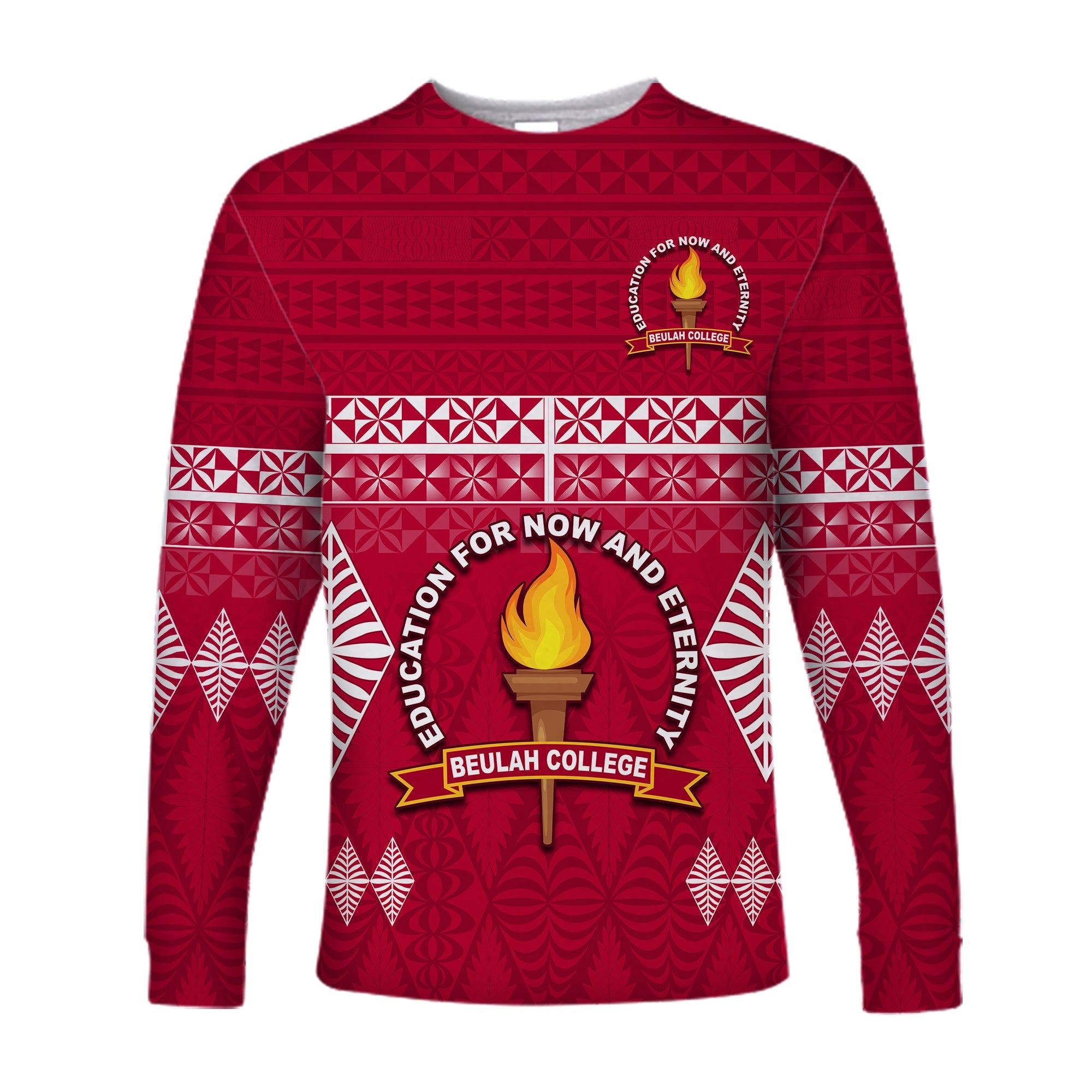 Beulah College Long Sleeve Shirt Ngatu Pattern Tonga LT13 Unisex Maroon - Polynesian Pride