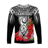 (Custom Personalised) Guam Chamorro Long Sleeve Shirt Guaman Latte Stone Tropical Flowers Black Style LT14 - Polynesian Pride