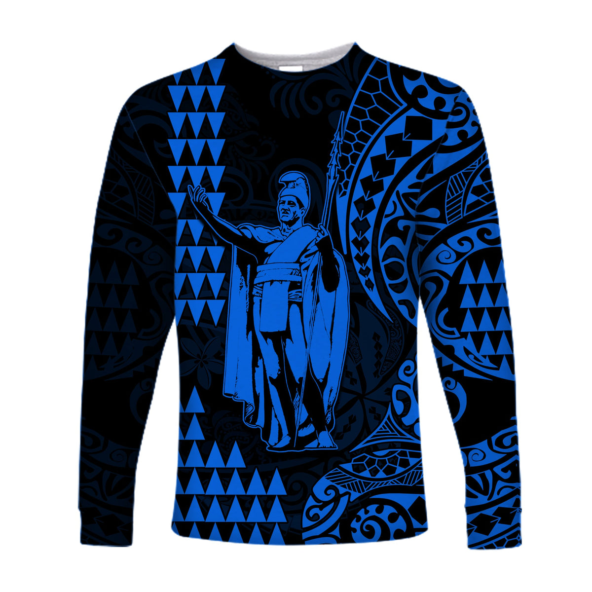 (Custom Text and Number) Hawaii Day Kakau Long Sleeve Shirt Proud To Be Hawaiian Blue King Kamehameha and Kanaka Maoli LT13 - Polynesian Pride