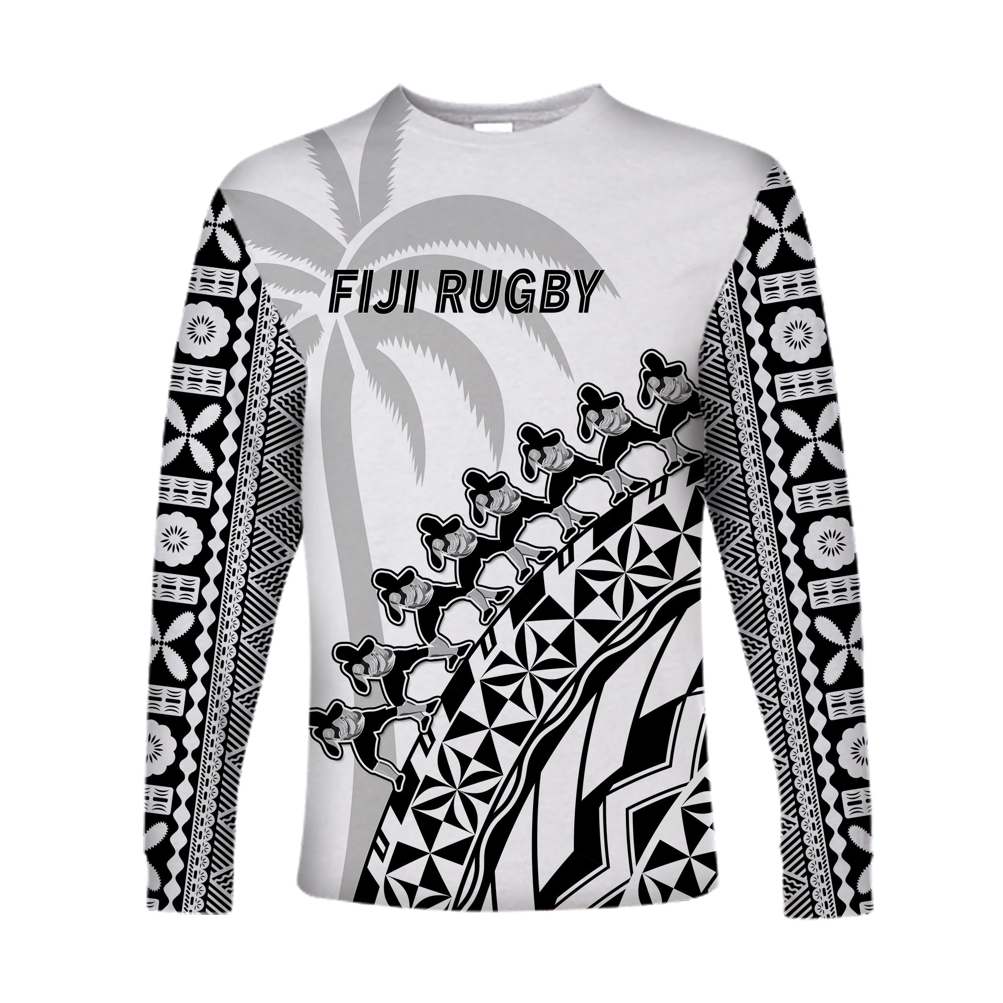 Fiji Rugby Long Sleeve Shirt Fijian Cibi Dance Tapa Pattern White LT14 Unisex White - Polynesian Pride