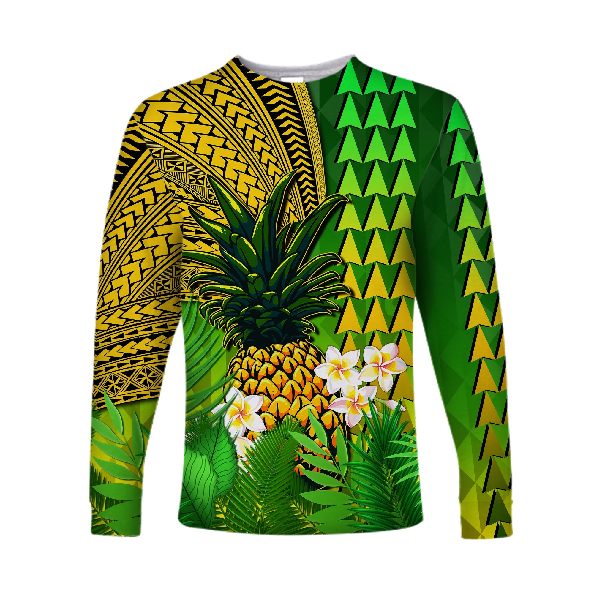 Hawaii Pineapple Long Sleeve Shirt Plumeria Frangipani Mix Tribal Pattern LT13 Unisex Green - Polynesian Pride