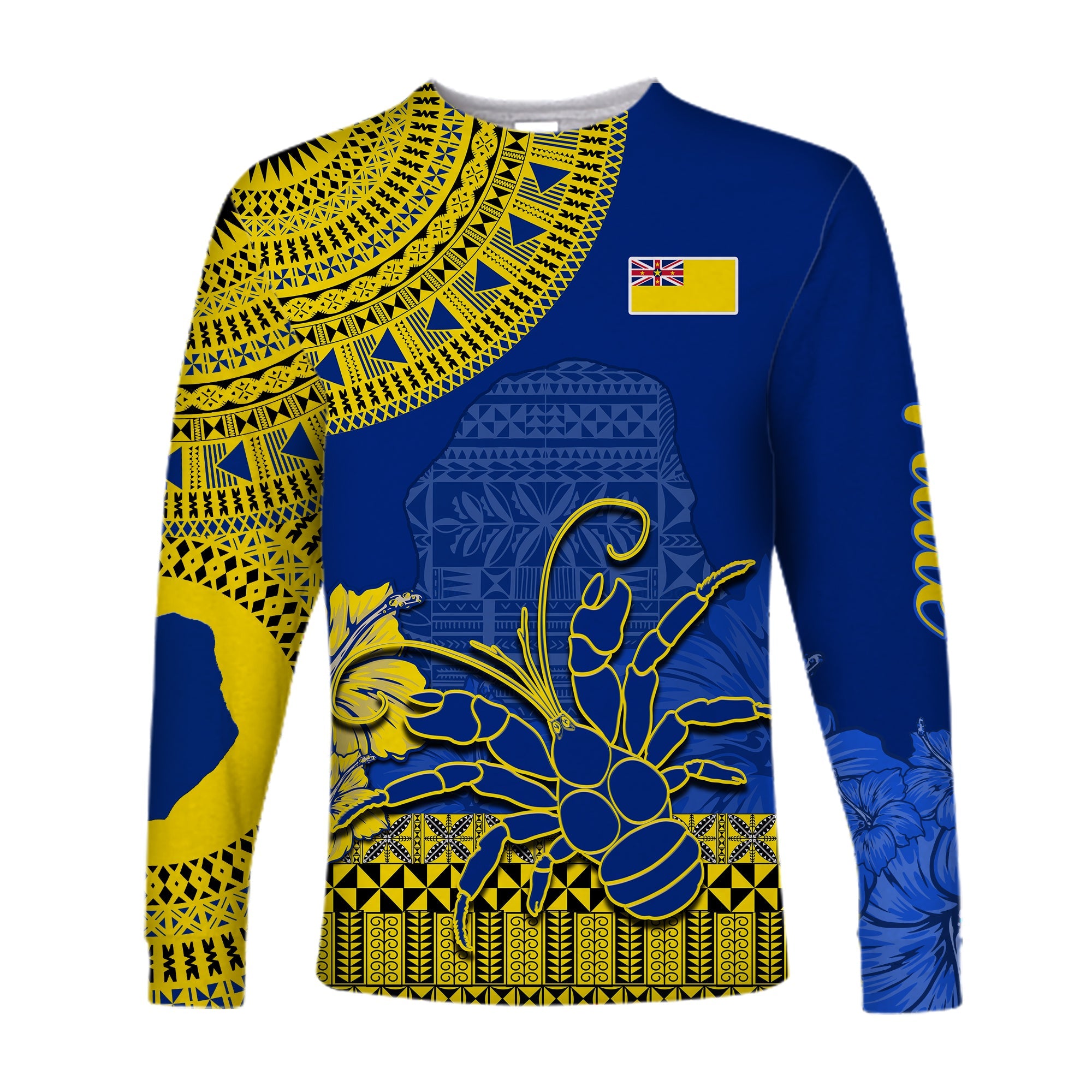 Niue Hiapo Long Sleeve Shirt Rock of Polynesia Tapa Niuean Crab Happy Day LT13 Unisex Blue - Polynesian Pride