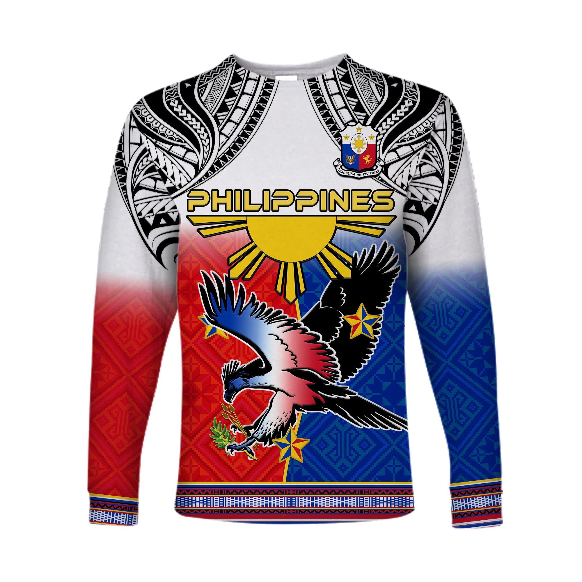 Philippines Long Sleeve Shirt Polynesian Filipino Pattern With Eagle LT14 Unisex White - Polynesian Pride