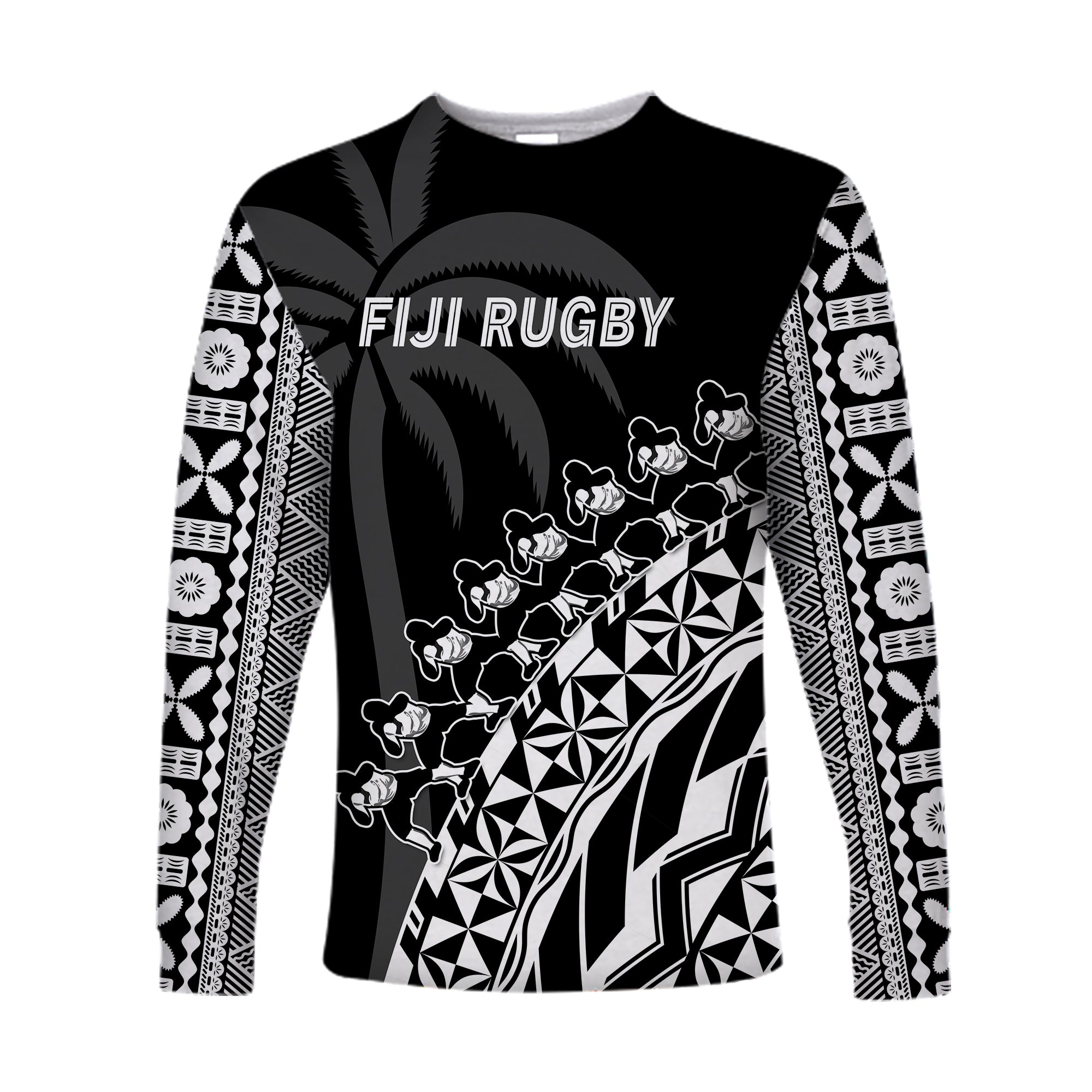 Fiji Rugby Long Sleeve Shirt Fijian Cibi Dance Tapa Pattern Black LT14 Unisex Black - Polynesian Pride