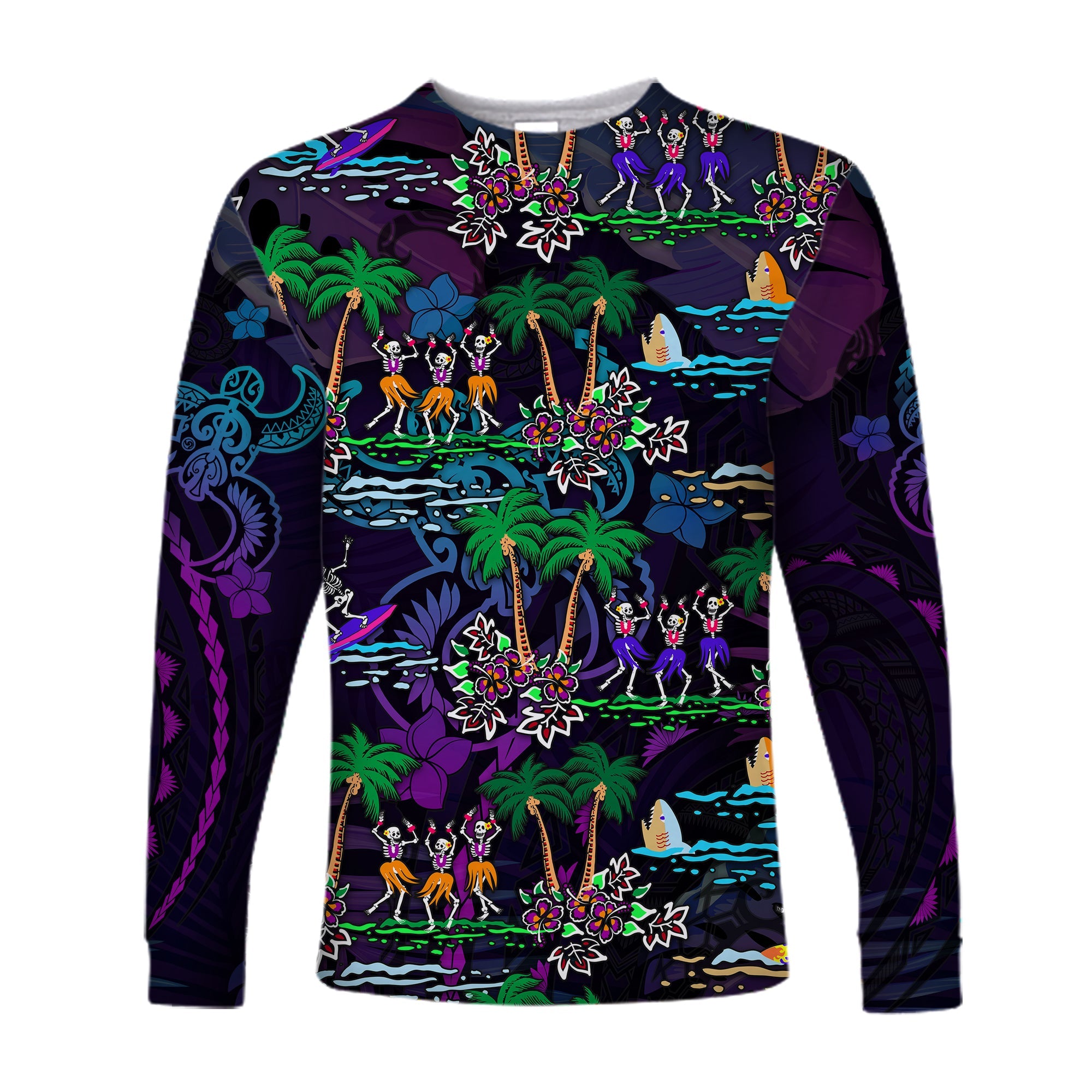 Hawaii Skeleton Dancing Long Sleeve Shirt Halloween Hawaiian Turtle LT13 Unisex Purple - Polynesian Pride