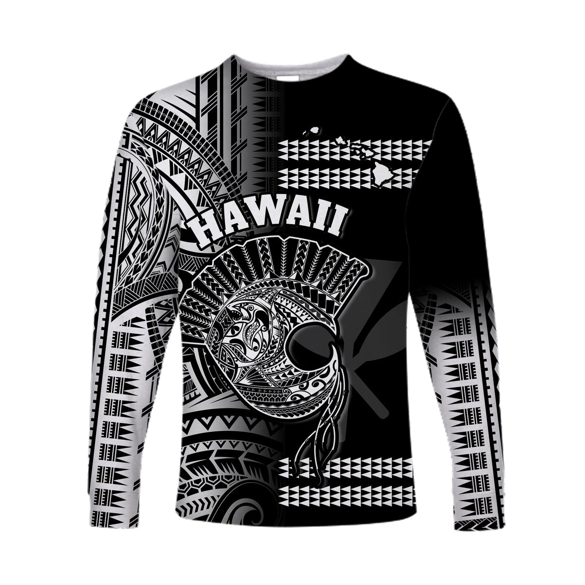Hawaii Long Sleeve Shirt Kakau Warrior Helmet Gradient White Polynesian LT14 Unisex White - Polynesian Pride