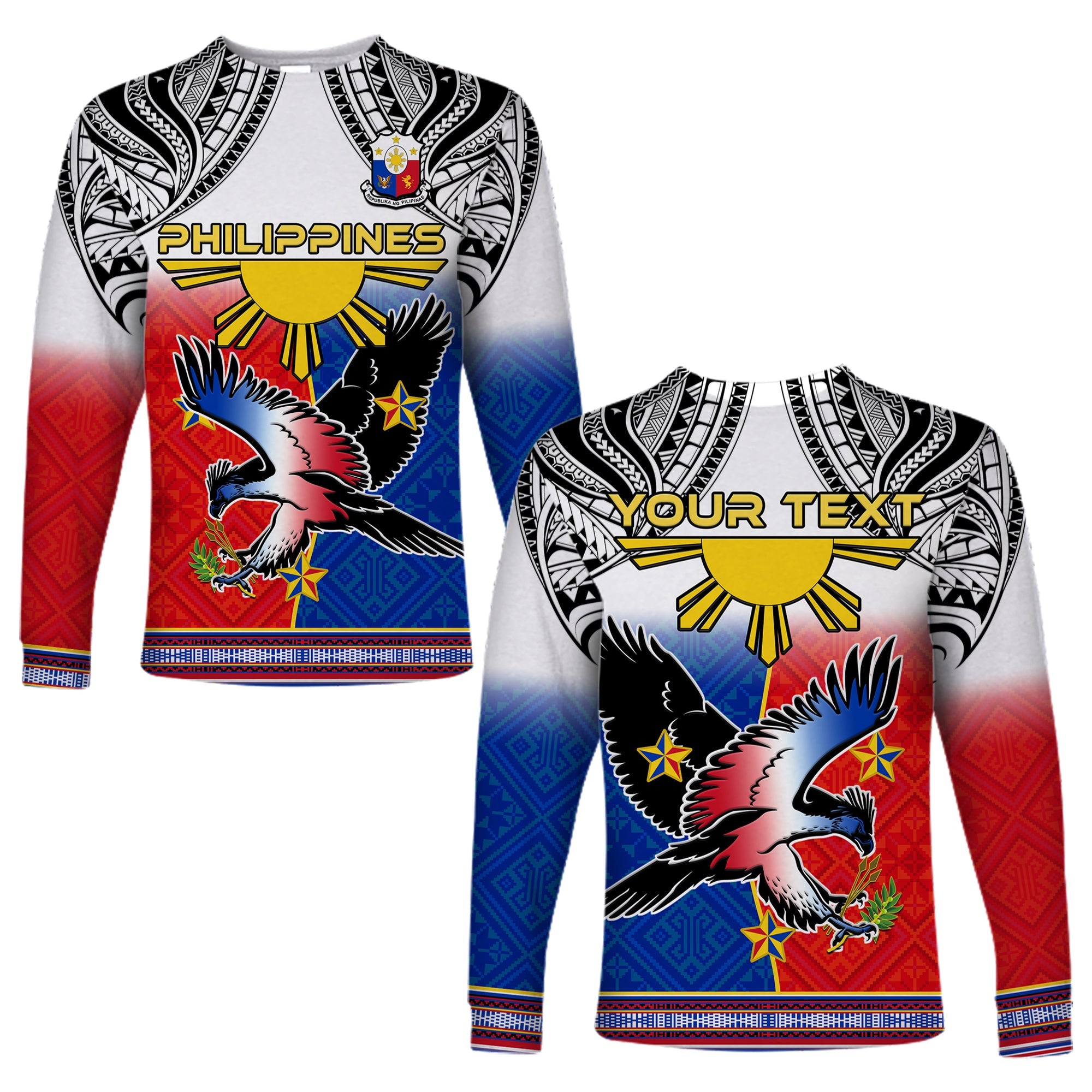 Custom Personalised Philippines Long Sleeve Shirt Polynesian Filipino Pattern With Eagle LT14 Unisex White - Polynesian Pride