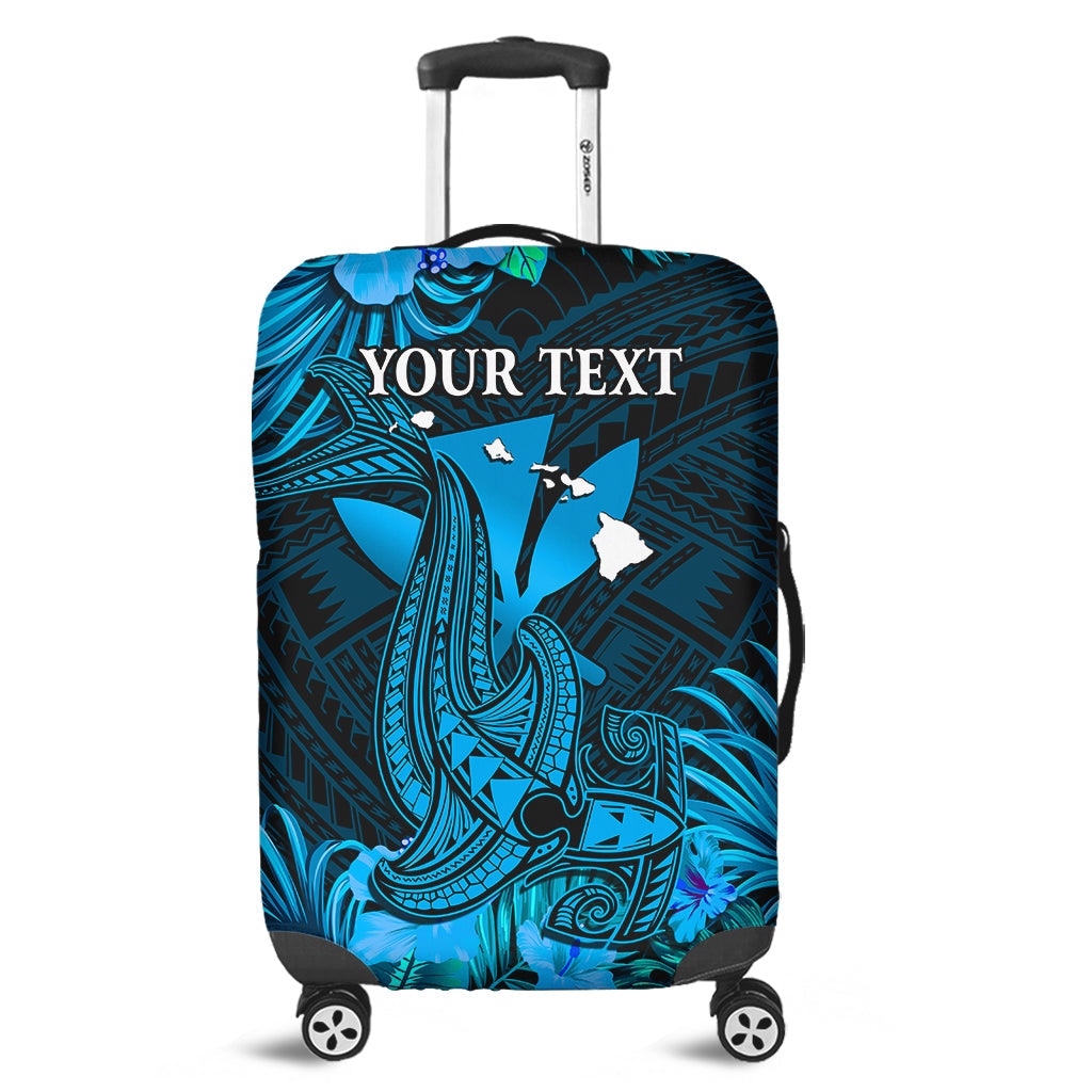 (Custom Personalised) Hawaii Luggage Cover Hibiscus Kanaka Hawaiian Map Shark Ver.04 LT14 Blue - Polynesian Pride