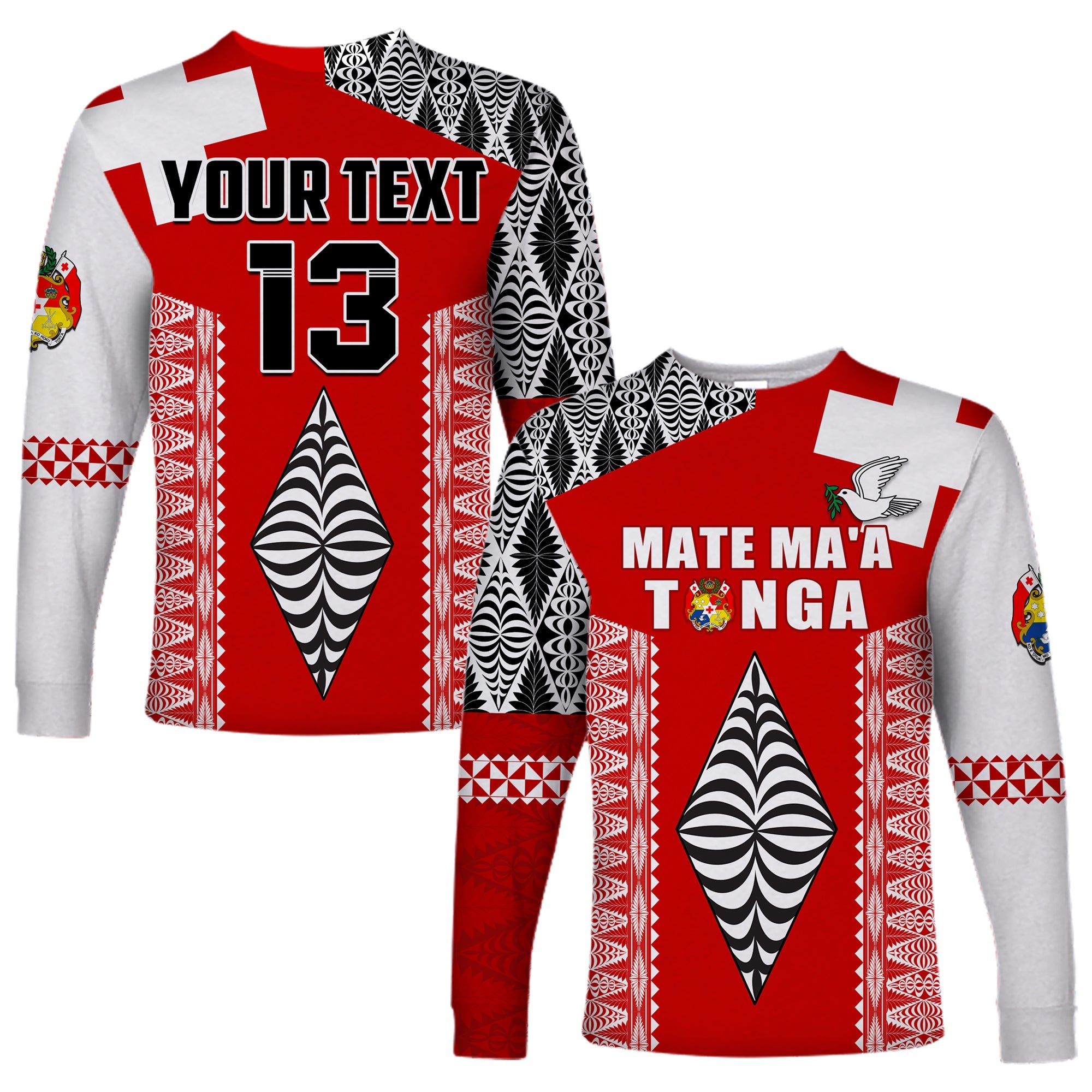 (Custom Text and Number) Tonga Rugby Long Sleeve Shirt Kupesi Ngatu Mate Maa Tonga LT13 Unisex Red - Polynesian Pride