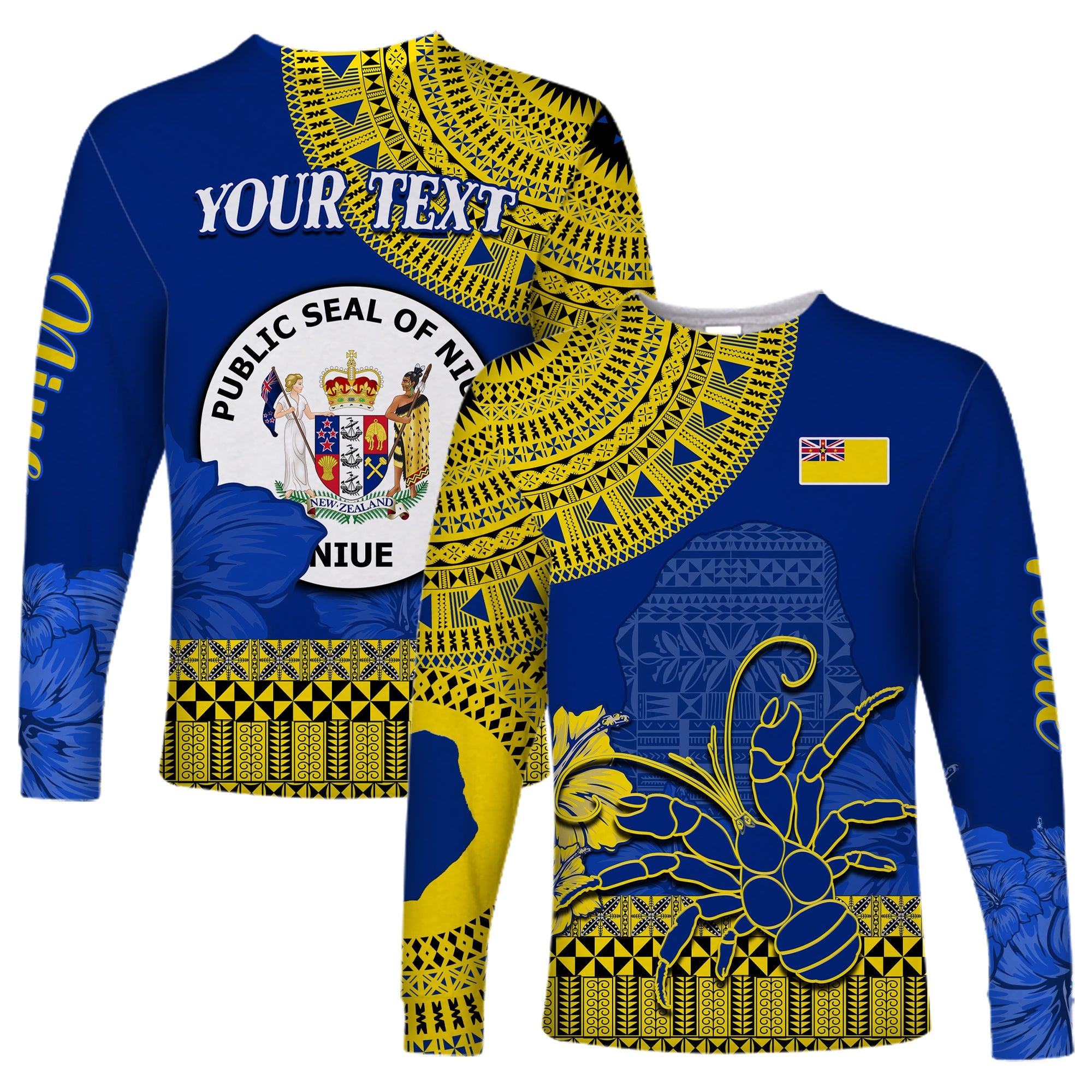 (Custom Personalised) Niue Hiapo Long Sleeve Shirt Rock of Polynesia Tapa Niuean Crab Happy Day LT13 Unisex Blue - Polynesian Pride