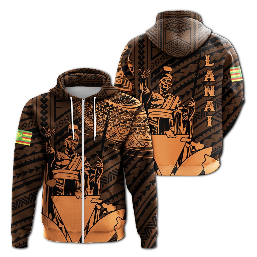 Hawaiian King Kanaka Map Polynesian Lanai Hoodie Zip Orange Hala Style Unisex Orange - Polynesian Pride