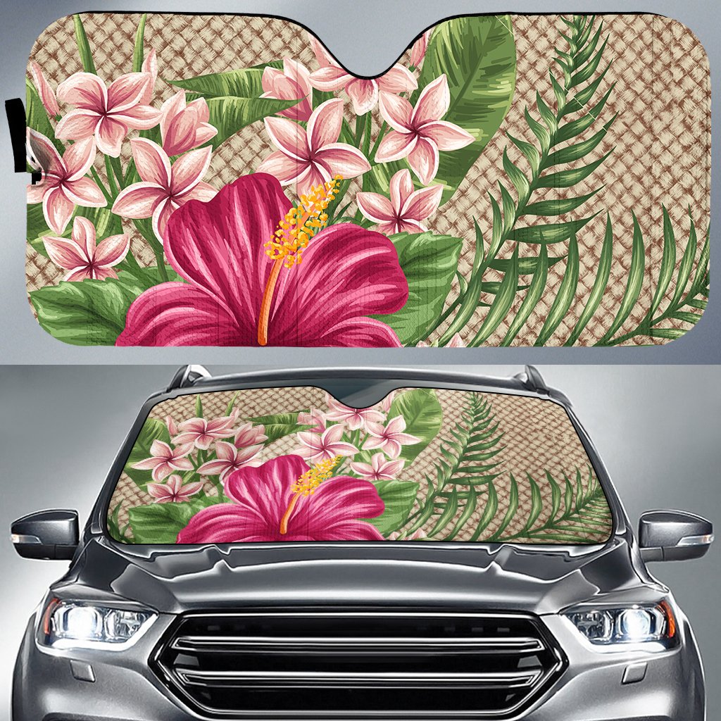 Lauhala Hibiscus Car Sun Shade AH Auto Sun Shade Universal Fit White - Polynesian Pride