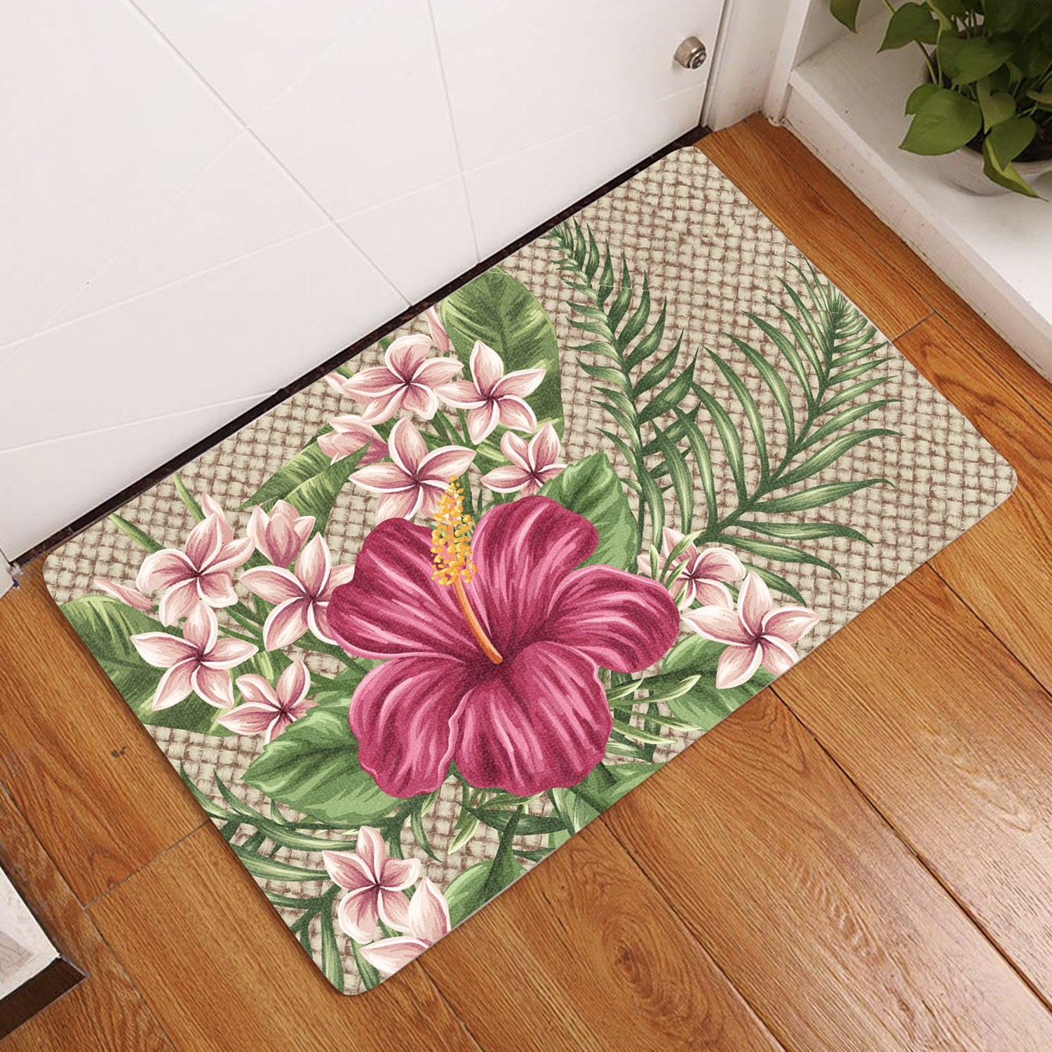 Lauhala Hibiscus Door Mat AH Door Mat Black - Polynesian Pride