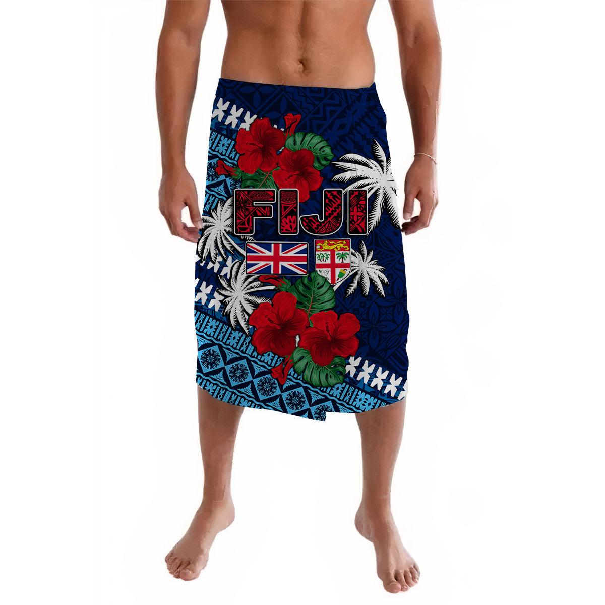 Fiji Patterns With Hibiscus Lavalava LT6 Lavalava Blue - Polynesian Pride