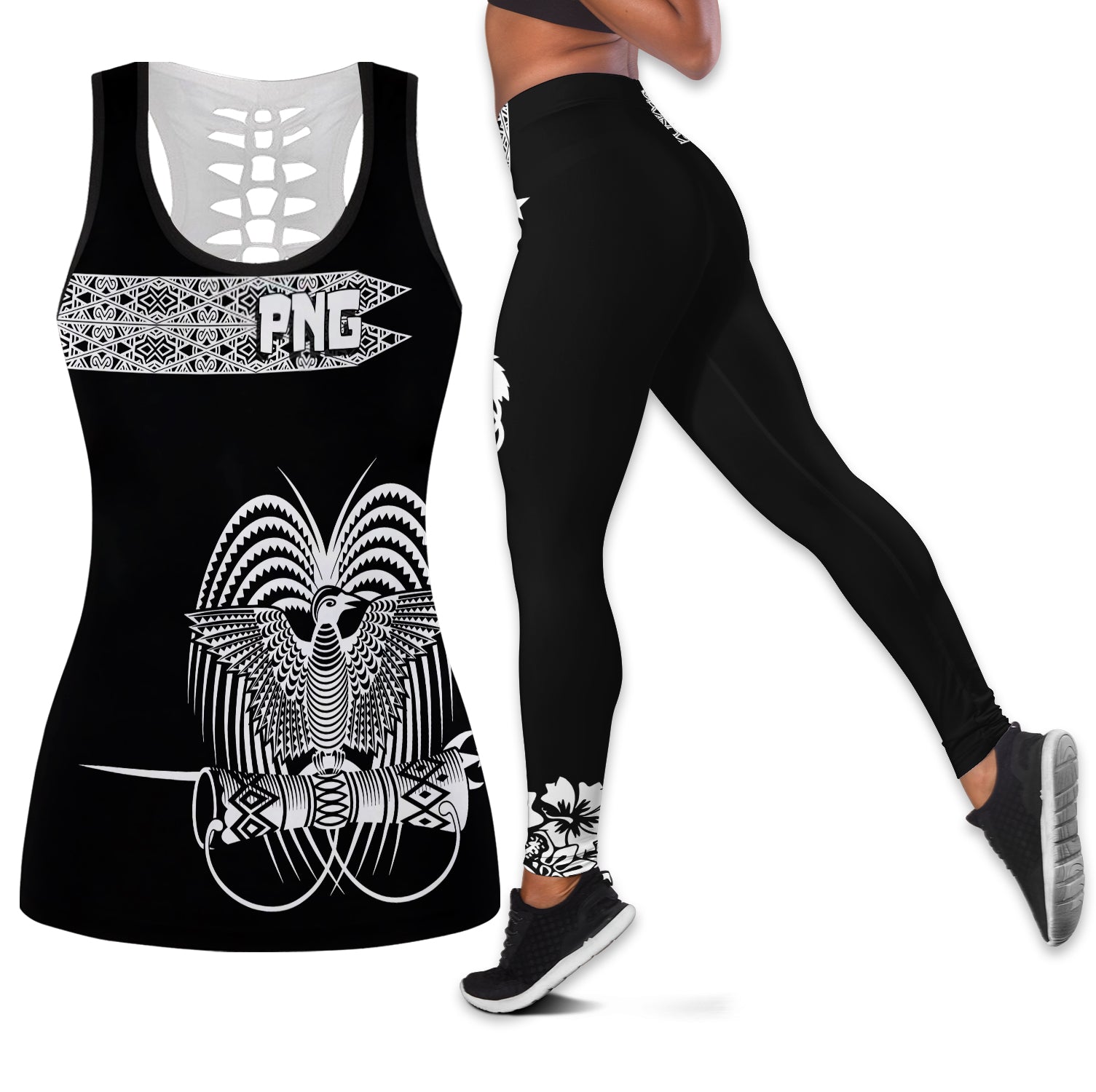 PNG Hibiscus Tribal Pattern Hollow Tank and Leggings Combo Motuan White Color LT7 White - Polynesian Pride