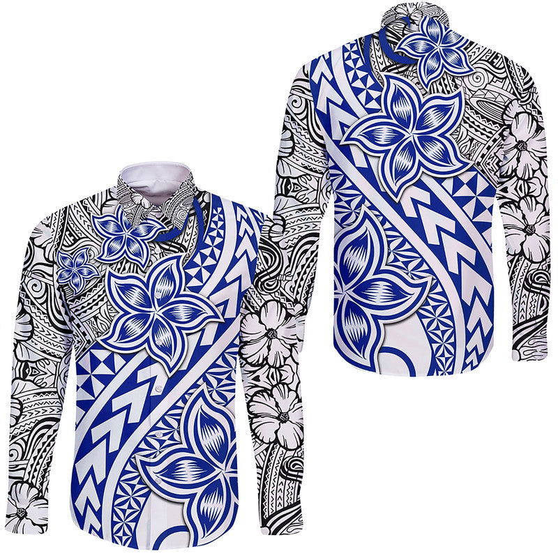 Traditional Polynesian Tribal Tattoo Retro Hawaii Long Sleeve Button Shirt Blue LT9 Unisex Blue - Polynesian Pride