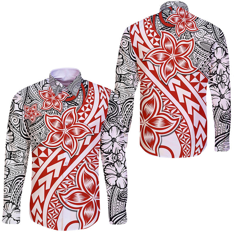 Traditional Polynesian Tribal Tattoo Retro Hawaii Long Sleeve Button Shirt Red LT9 Unisex Red - Polynesian Pride