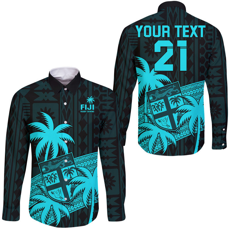 (Custom Personalised) Fiji Rugby Sevens Long Sleeve Button Shirt Tapa Palm Tree and Fijian Coat of Arms LT9 Unisex Blue - Polynesian Pride