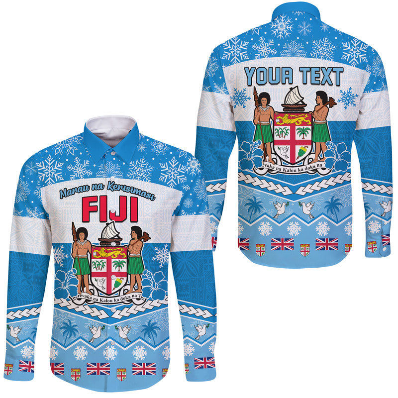 (Custom Personalised) Fiji Masi Tapa Christmas Vibe Hawaii Long Sleeve Button Shirt LT9 Unisex Blue - Polynesian Pride