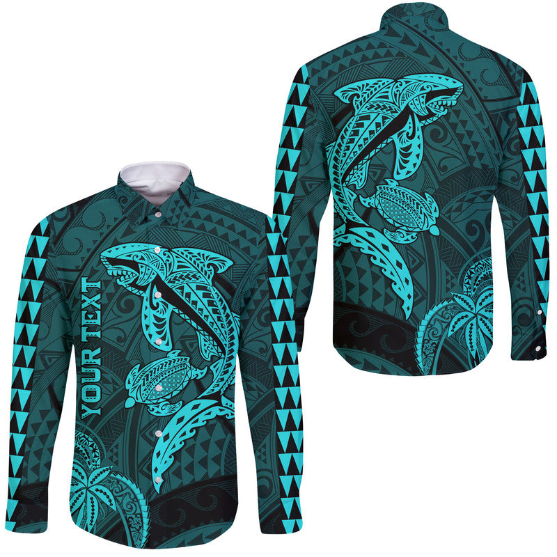 (Custom Personalised) Hawaii Hawaii Long Sleeve Button Shirt Shark and Turtle Mix Kakau Turquoise LT9 Unisex Turquoise - Polynesian Pride