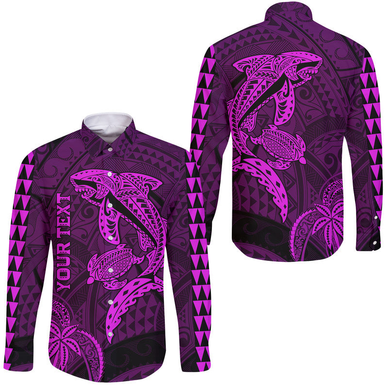 (Custom Personalised) Hawaii Hawaii Long Sleeve Button Shirt Shark and Turtle Mix Kakau Purple LT9 Unisex Purple - Polynesian Pride