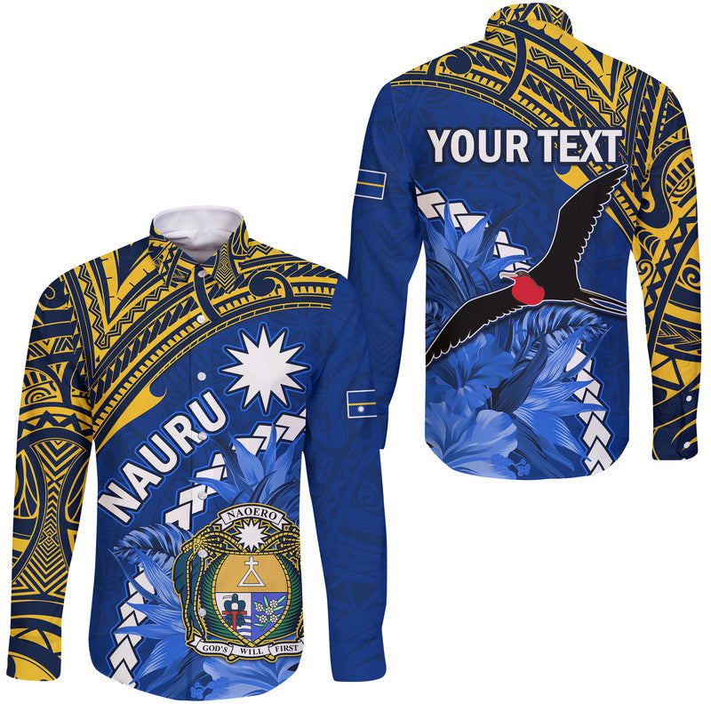 (Custom Personalised) Nauru Coat of Arms Hawaii Long Sleeve Button Shirt Polynesian With Frigatebird LT9 Unisex Blue - Polynesian Pride