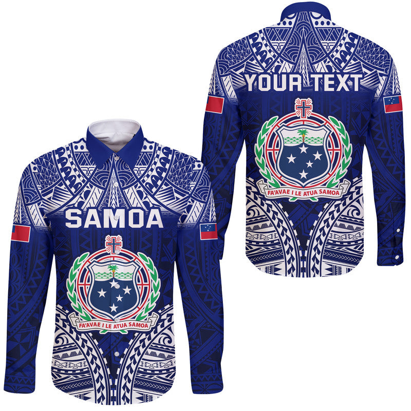 (Custom Personalised) Samoa Coat Of Arms Hawaii Long Sleeve Button Shirt Polynesian Pattern LT9 Unisex Blue - Polynesian Pride