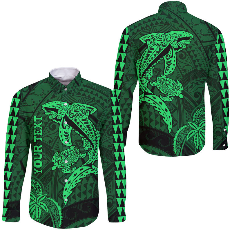 (Custom Personalised) Hawaii Hawaii Long Sleeve Button Shirt Shark and Turtle Mix Kakau Green LT9 Unisex Green - Polynesian Pride