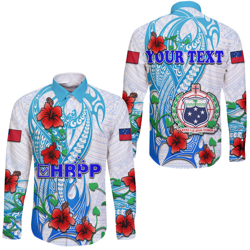 (Custom Personalised) Special Samoa HRPP Party Hawaii Long Sleeve Button Shirt Tribal Samoan Hibiscus Design LT9 Unisex Blue - Polynesian Pride