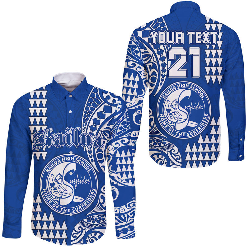 (Custom Personalised) Hawaii Kailua High School Hawaii Long Sleeve Button Shirt Tribal Kakau LT9 Unisex Blue - Polynesian Pride