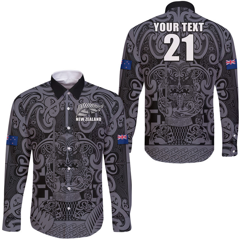 (Custom Text And Number) New Zealand Taiaha Maori Hawaii Long Sleeve Button Shirt Minimalist Silver Fern All Black LT9 Unisex Black - Polynesian Pride