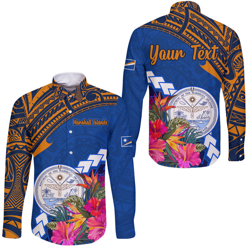 (Custom Personalised) Marshall Islands Coat of Arms Hawaii Long Sleeve Button Shirt Polynesian Tropical LT9 Unisex Blue - Polynesian Pride