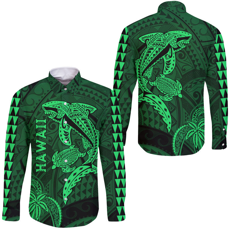 Hawaii Hawaii Long Sleeve Button Shirt Shark and Turtle Mix Kakau Green LT9 Unisex Green - Polynesian Pride