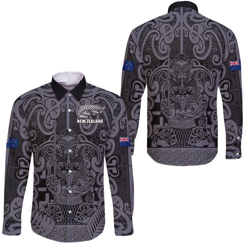 New Zealand Taiaha Maori Hawaii Long Sleeve Button Shirt Minimalist Silver Fern All Black LT9 Unisex Black - Polynesian Pride