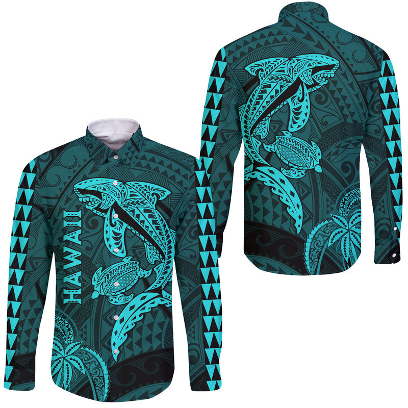 Hawaii Hawaii Long Sleeve Button Shirt Shark and Turtle Mix Kakau Turquoise LT9 Unisex Turquoise - Polynesian Pride