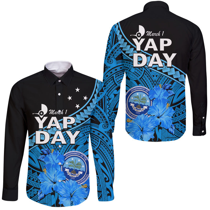 Yap State Day Hawaii Long Sleeve Button Shirt Yap Flag and FSM Seal LT9 Unisex Blue - Polynesian Pride