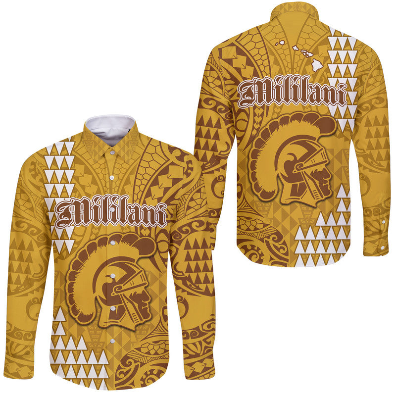 Hawaii Mililani High School Hawaii Long Sleeve Button Shirt Tribal Kakau LT9 Unisex Yellow - Polynesian Pride