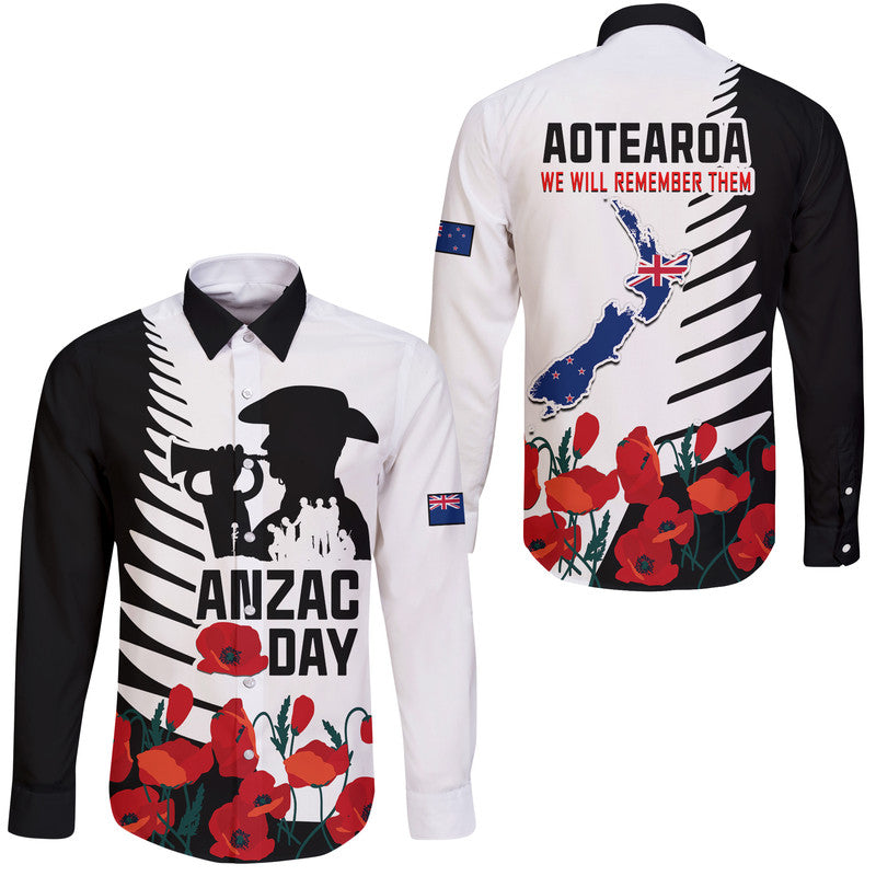 New Zealand ANZAC Day Hawaii Long Sleeve Button Shirt Military Silver Ferns and Red Poppy LT9 Unisex Black - Polynesian Pride