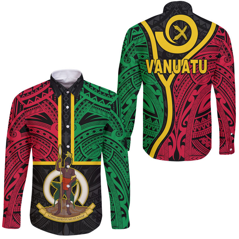 Vanuatu Hawaii Long Sleeve Button Shirt Tribal Vanuatu Coat Of Arms Flag Style LT9 Unisex Black - Polynesian Pride