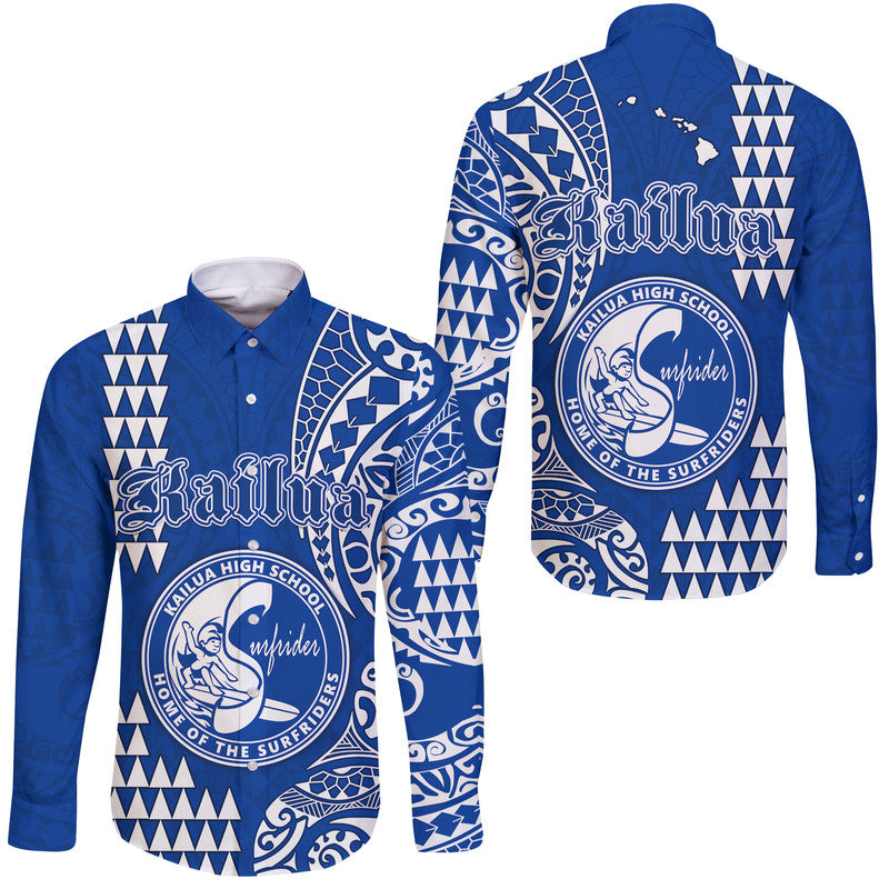 Hawaii Kailua High School Hawaii Long Sleeve Button Shirt Tribal Kakau LT9 Unisex Blue - Polynesian Pride