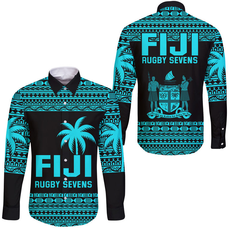 Fiji Rugby Sevens Long Sleeve Button Shirt Simple Blue Style LT9 Unisex Blue - Polynesian Pride