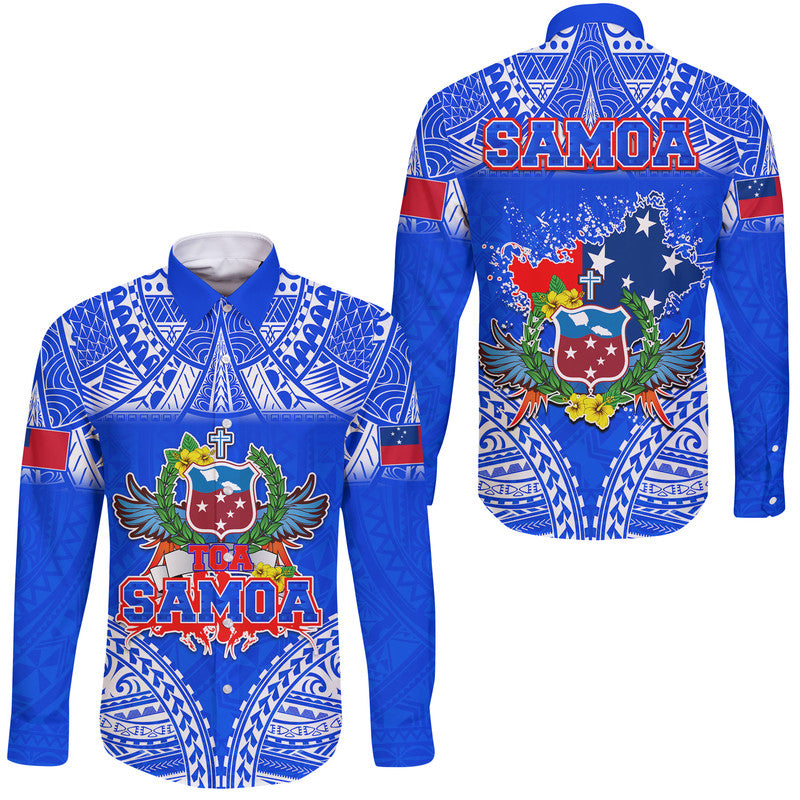 Toa Samoa Polynesian Rugby Hawaii Long Sleeve Button Shirt Samoan Flag Blue Color LT9 Unisex Blue - Polynesian Pride