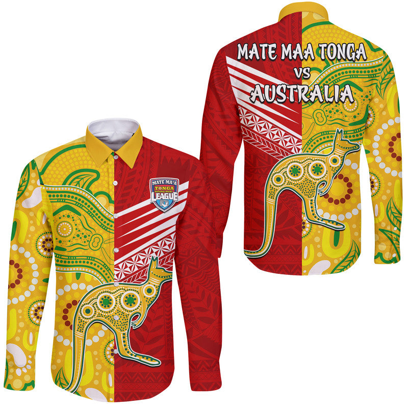 Australia Kangaroos and Mate Maa Tonga Hawaii Long Sleeve Button Shirt LT9 Unisex Red - Polynesian Pride