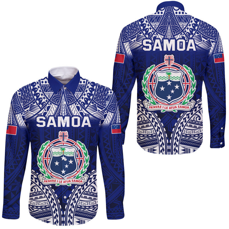 Samoa Coat Of Arms Hawaii Long Sleeve Button Shirt Polynesian Pattern LT9 Unisex Blue - Polynesian Pride