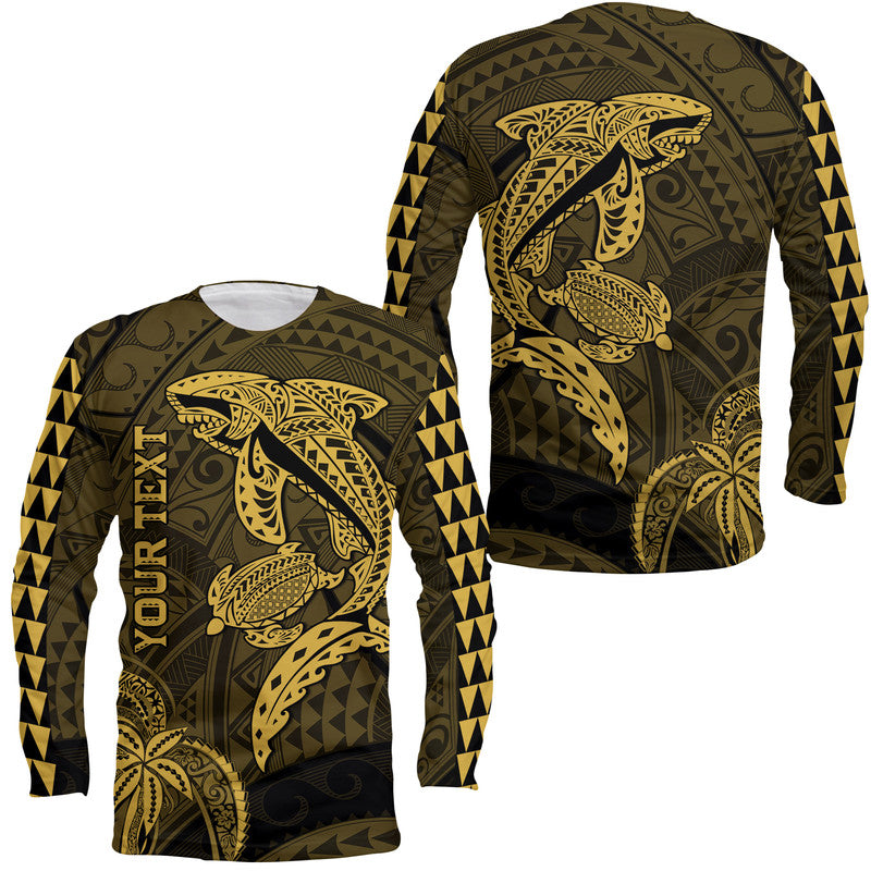 (Custom Personalised) Hawaii Long Sleeve Shirt Shark and Turtle Mix Kakau Gold LT9 Unisex Gold - Polynesian Pride