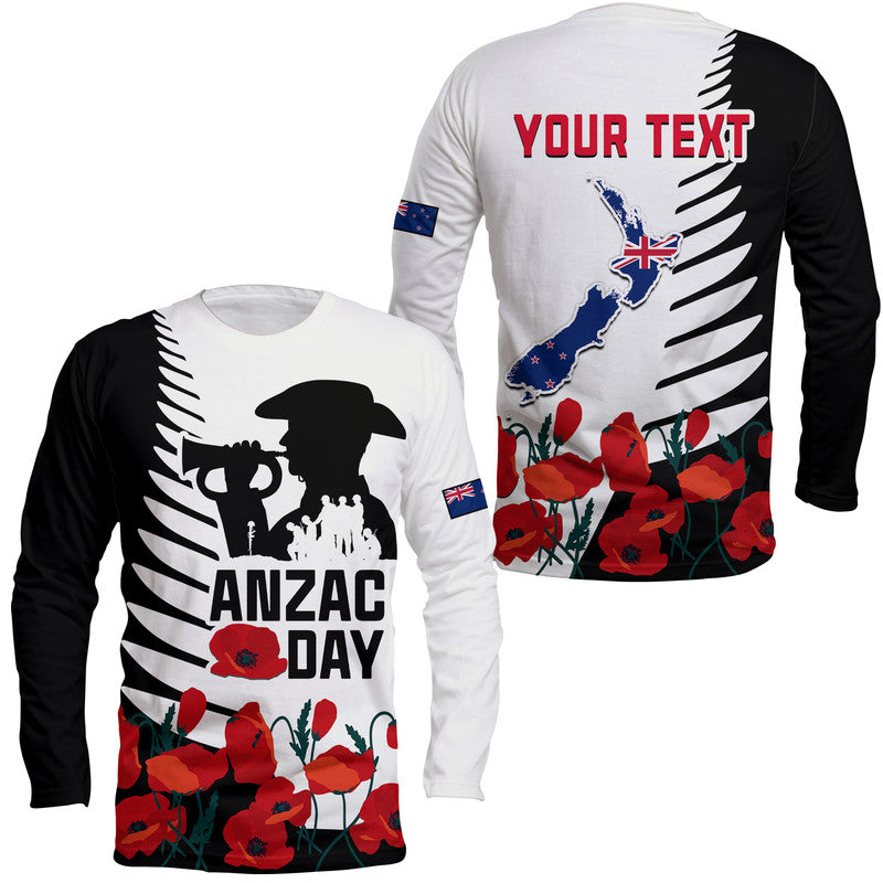 (Custom Personalised) New Zealand ANZAC Day Long Sleeve Shirt Military Silver Ferns and Red Poppy LT9 Unisex Black - Polynesian Pride