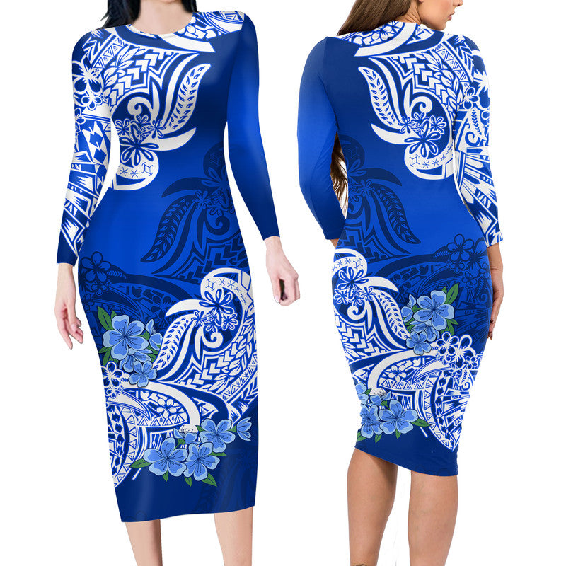 Polynesian Samoa Floral Tribal Long Sleeve Dress LT9 Polyester/spandex Blue - Polynesian Pride