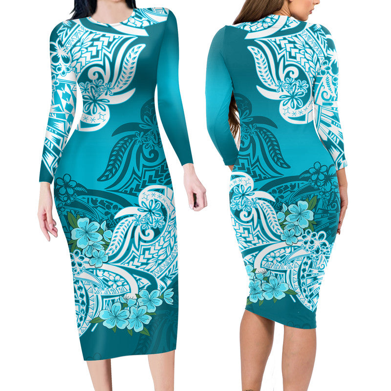 Polynesian Floral Tribal Long Sleeves Dress - Teal LT9 Polyester spandex Teal - Polynesian Pride