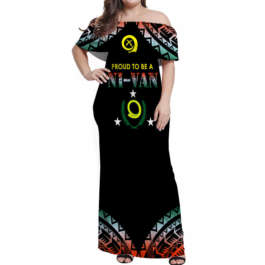 Vanuatu Proud To Be A Ni-Van - Polynesian Pattern Off Shoulder Long Dress - Penama Province LT7 Women Black - Polynesian Pride