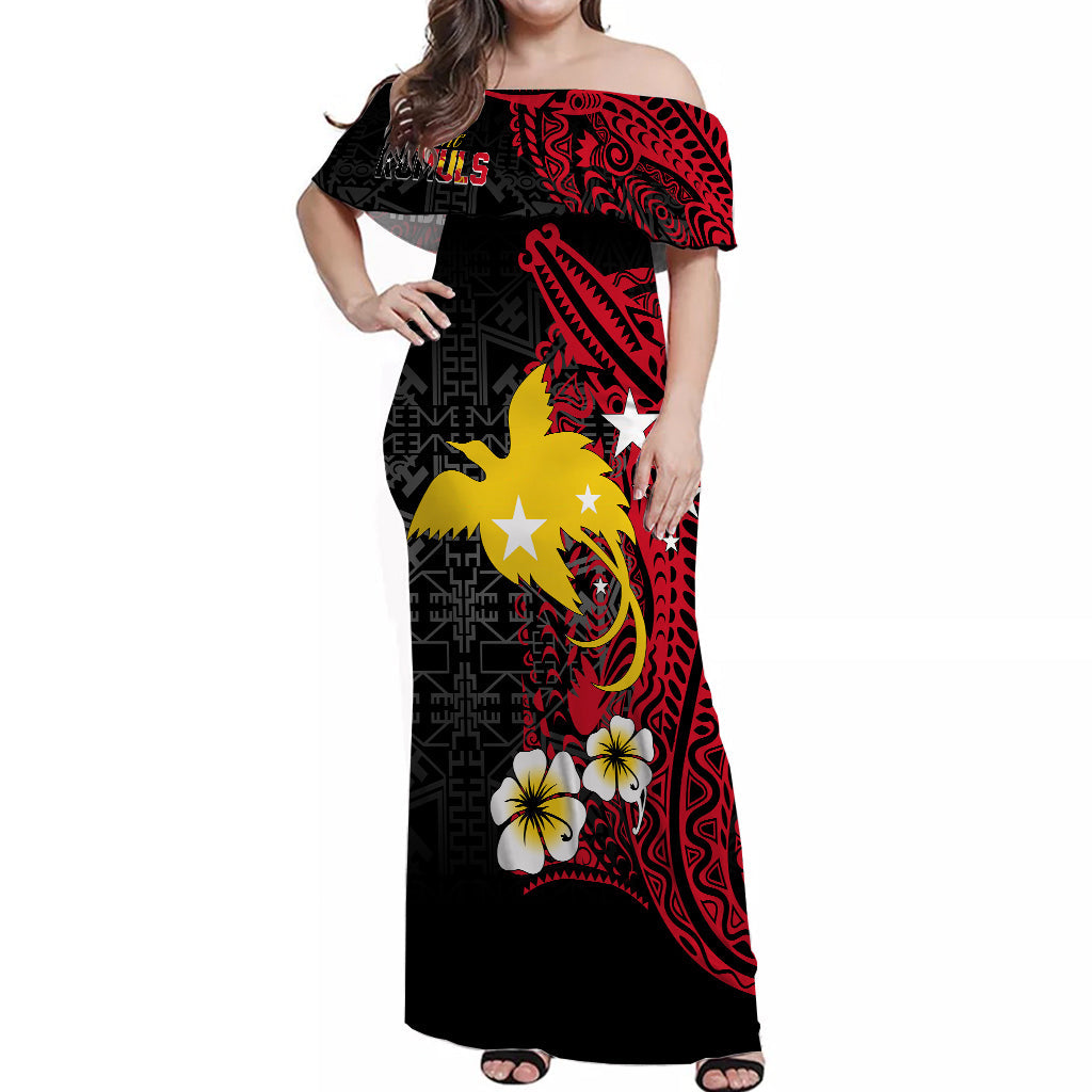 Papua New Guinea Independence Off Shoulder Long Dress PNG Kumuls - Tribal Crocodile LT7 Women Black - Polynesian Pride